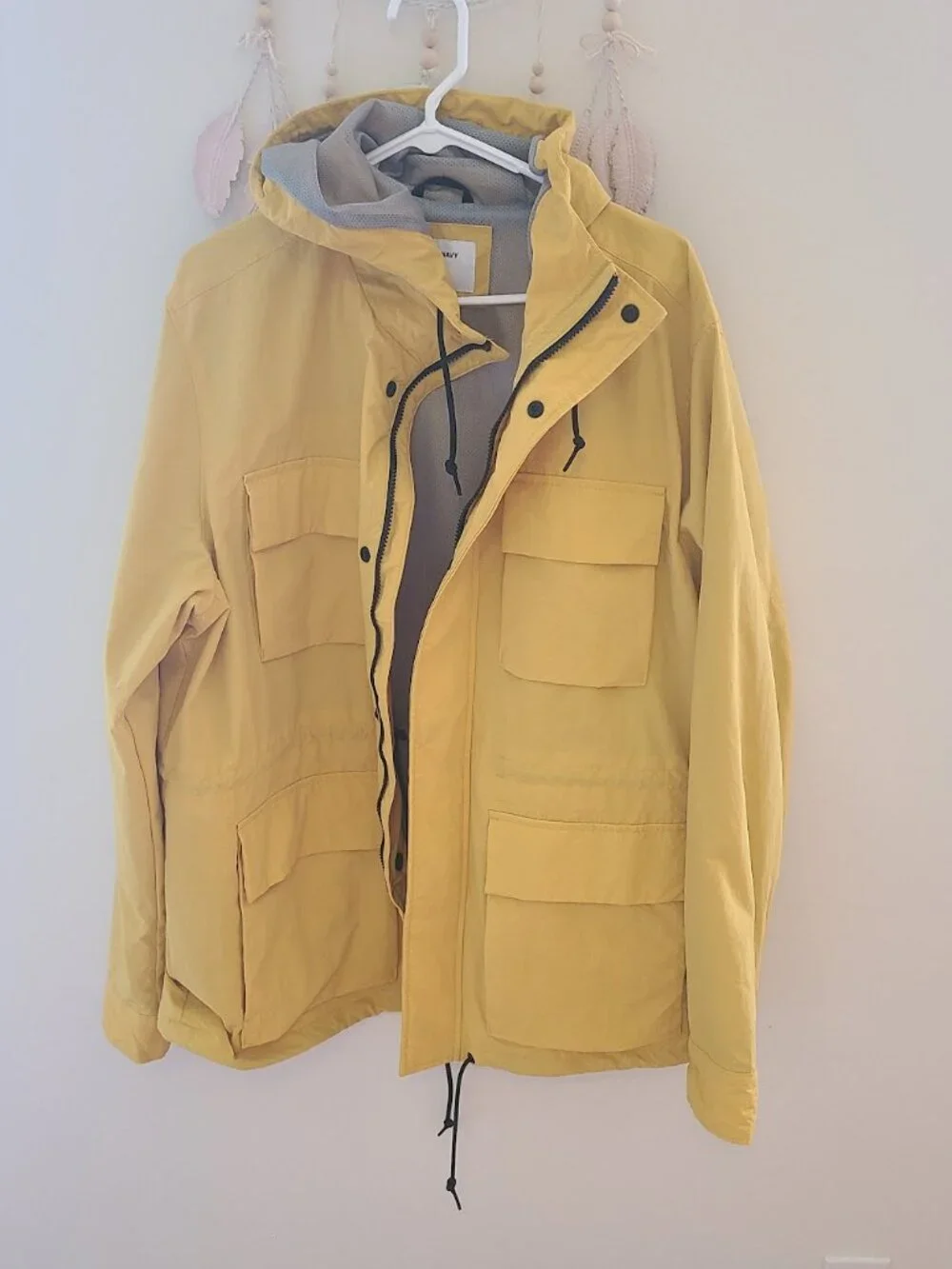 Old Navy Hooded Tech Rain Jacket XL Gold Yellow Utility Mesh Lined